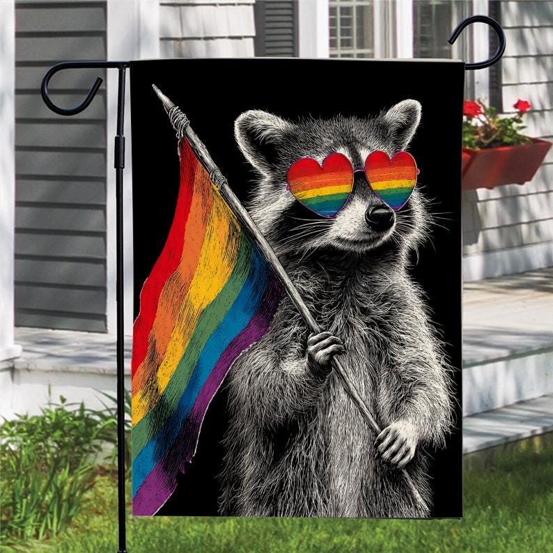 Raccoon LGBTQ Pride Garden Flag: Cute Rainbow Yard Art