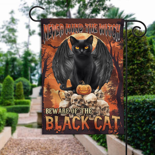 Never Mind the Witch Beware of the Black Cat Double-Sided Garden Flag – Halloween Witch Cat House Flag, Spooky Fall Yard Decor