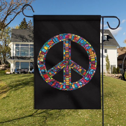 Stained Glass Peace Sign Garden Flag – Hippie Spring Yard Decor, Colorful Peace Symbol Outdoor House Flag, Boho Garden Banner