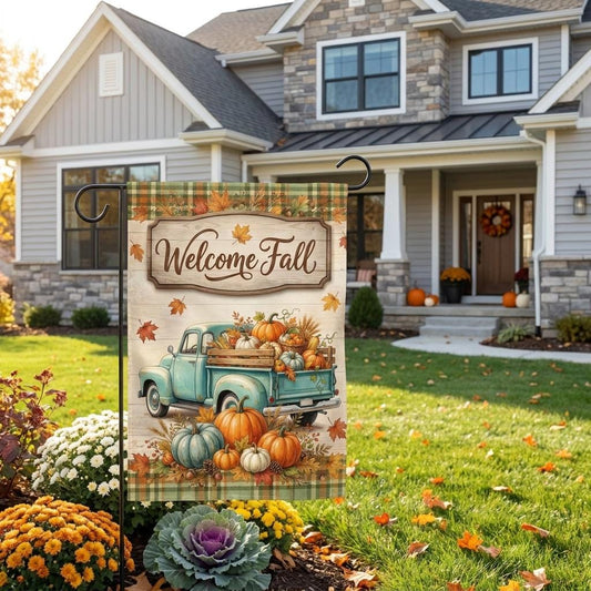 Welcome Fall Garden Flag, Vintage Teal Truck & Pumpkins Autumn Yard Banner, Rustic Plaid Seasonal Outdoor Porch Decor