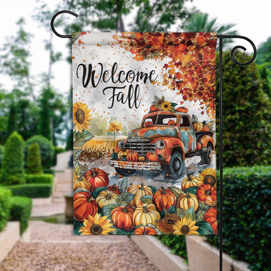 Welcome Fall Double-Sided Garden Flag – Autumn Pumpkin Truck House Flag, Thanksgiving Yard Decor, Seasonal Outdoor Banner