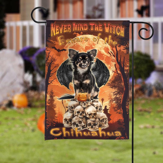 Never Mind the Witch Beware of the Chihuahua Double-Sided Garden Flag – Funny Halloween Dog Yard Decor, Spooky Fall House Banner