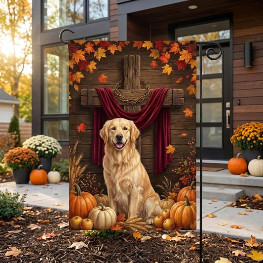 Golden Retriever Fall Garden Flag – Christian Cross & Pumpkin Autumn Yard Decor, Jesus Faith Outdoor Banner, Dog Lover Religious Gift
