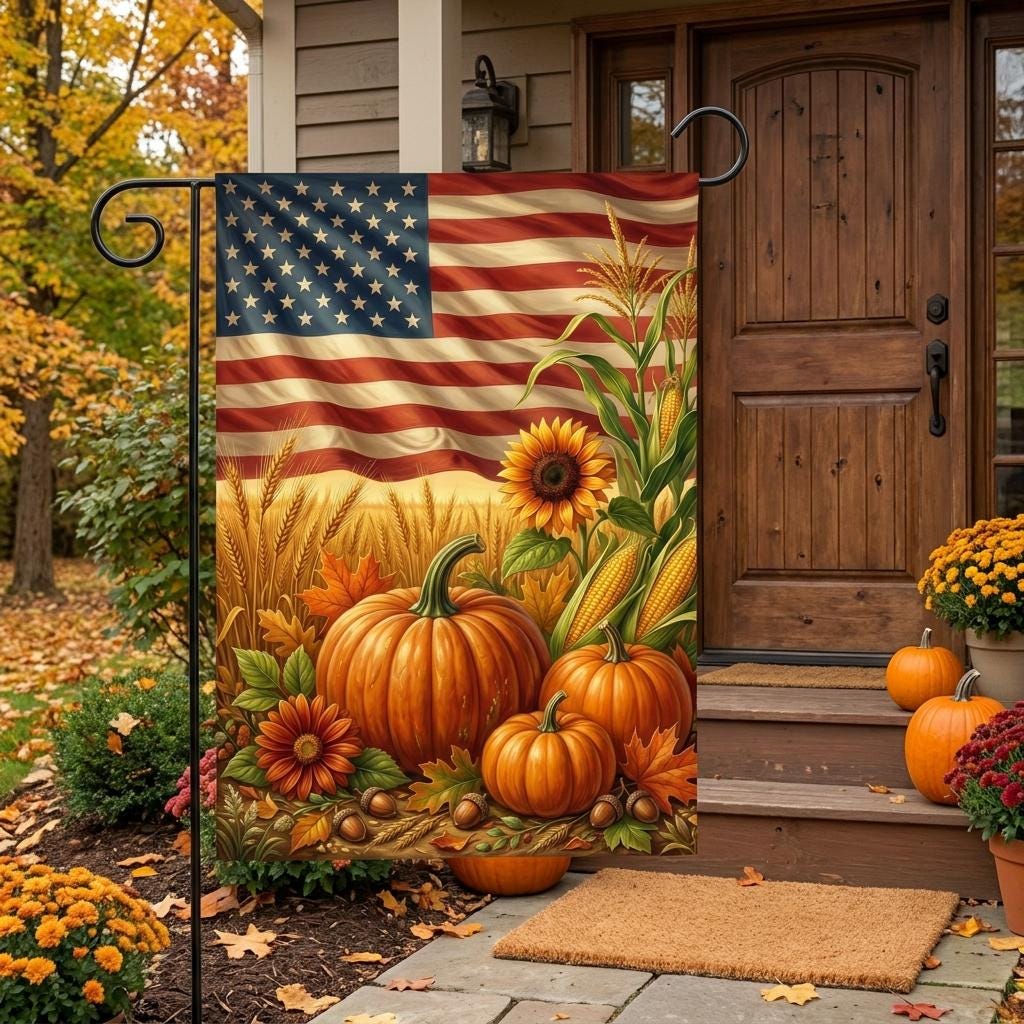American Fall Harvest Garden Flag – Patriotic Autumn Rustic Corn, Pumpkins & Sunflowers Outdoor Yard Banner