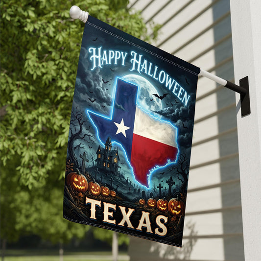 Texas Happy Halloween Garden Flag – Spooky Haunted House & Pumpkin Yard Decor, Neon Texas Fall Porch Outdoor Banner