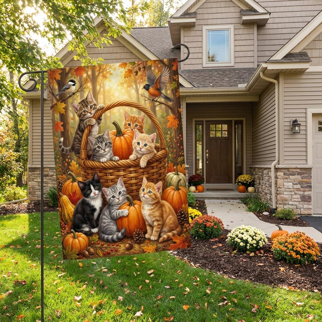 Kittens in Pumpkin Basket Fall Garden Flag – Cute Cats Autumn Yard Decor, Forest Birds Seasonal Outdoor Banner, Pet Lover Gift