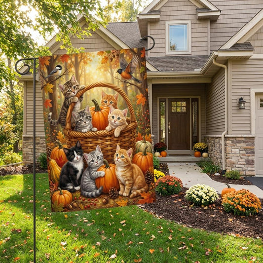 Kittens in Pumpkin Basket Fall Garden Flag – Cute Cats Autumn Yard Decor, Forest Birds Seasonal Outdoor Banner, Pet Lover Gift