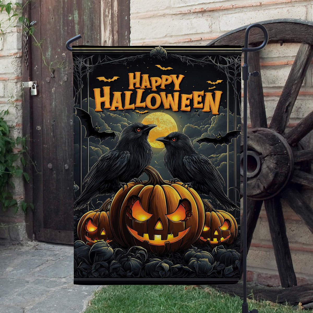 Happy Halloween Double-Sided Garden Flag – Pumpkin House Flag, Spooky Fall Porch Decor, Halloween Yard & Outdoor Banner
