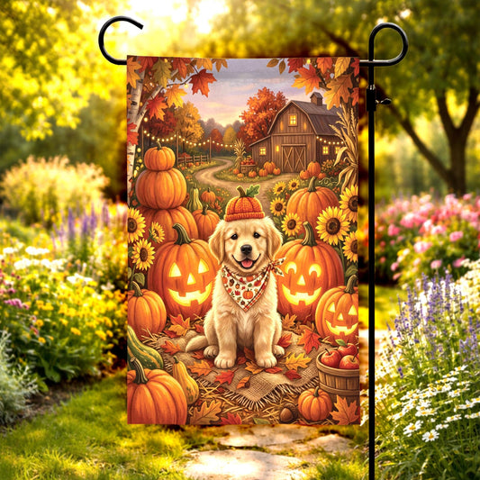 Golden Retriever Halloween Garden Flag – Jack O’ Lantern Pumpkin & Sunflower Fall Yard Decor, Farmhouse Autumn Outdoor Banner