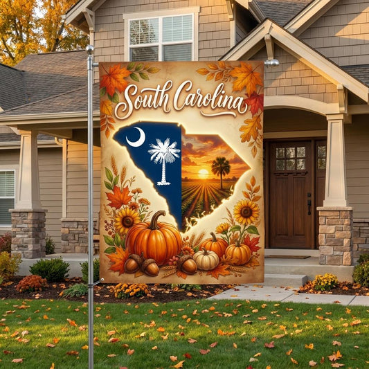 South Carolina State Garden Flag, Fall Harvest Yard Banner with Palmetto Crescent Moon, Sunflower & Pumpkin Autumn Outdoor Decor