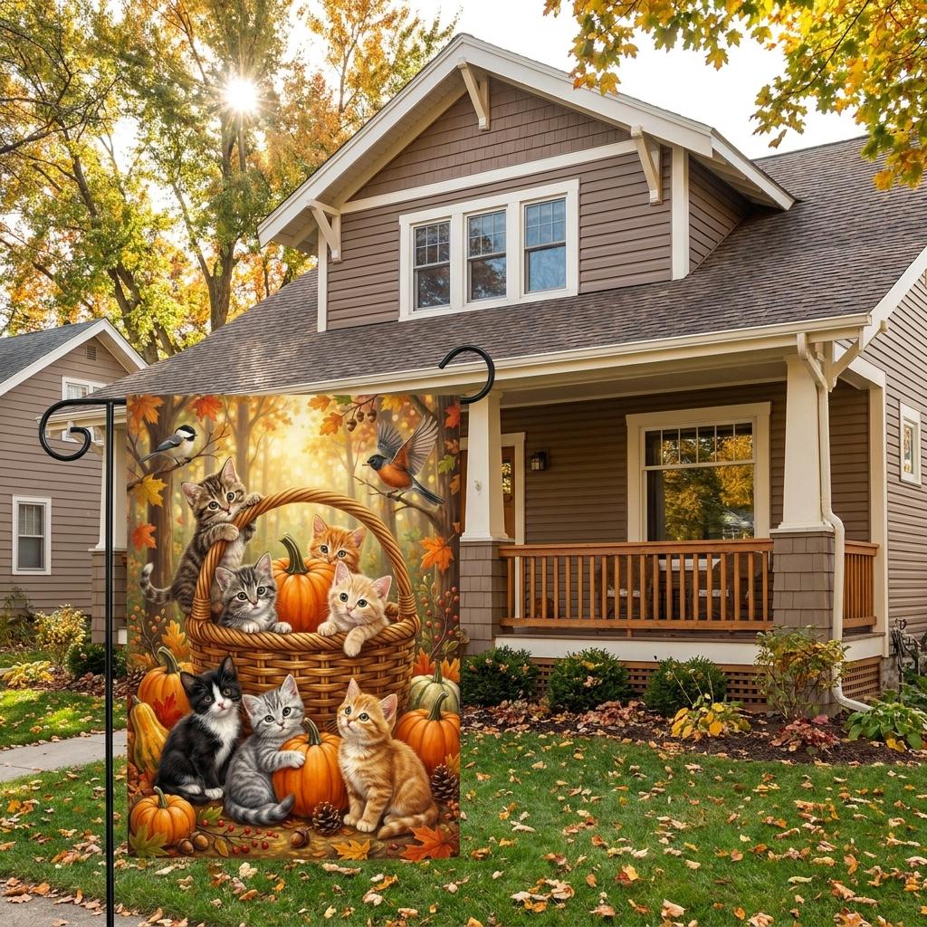 Kittens in Pumpkin Basket Fall Garden Flag – Cute Cats Autumn Yard Decor, Forest Birds Seasonal Outdoor Banner, Pet Lover Gift