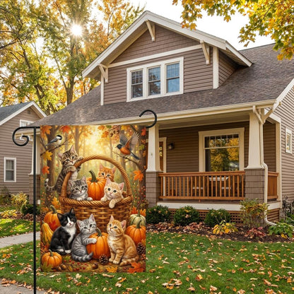 Kittens in Pumpkin Basket Fall Garden Flag – Cute Cats Autumn Yard Decor, Forest Birds Seasonal Outdoor Banner, Pet Lover Gift