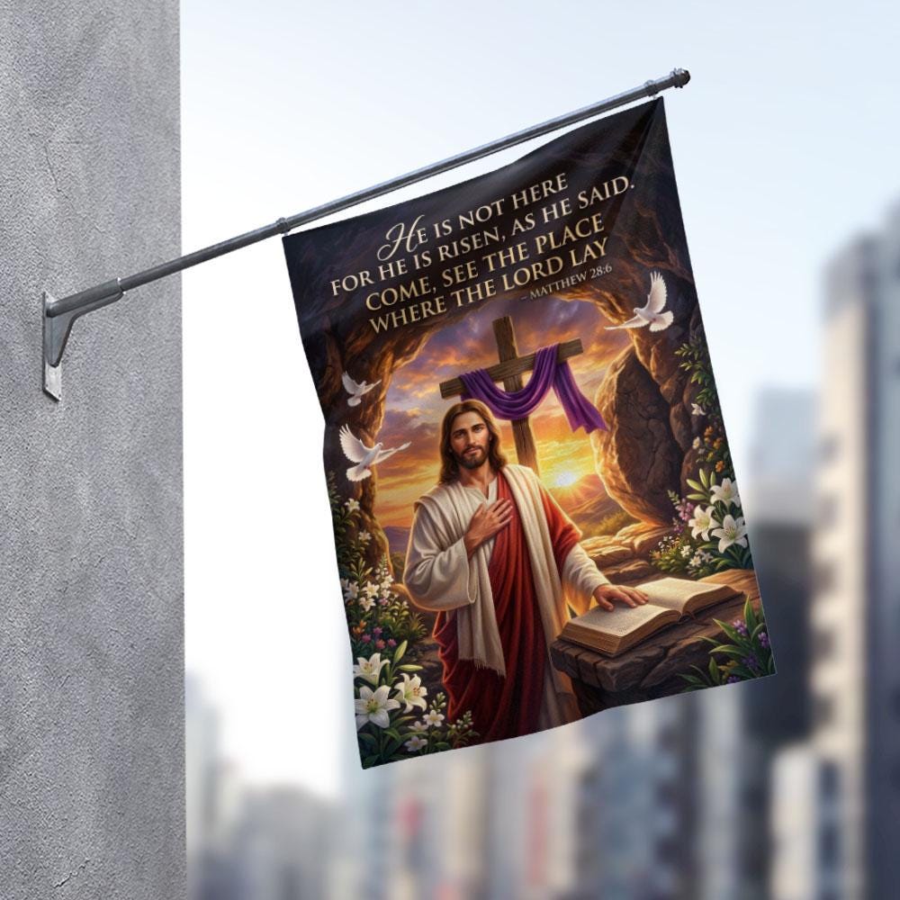 "He Is Risen" Easter Christian Flag with Cross & Flowers