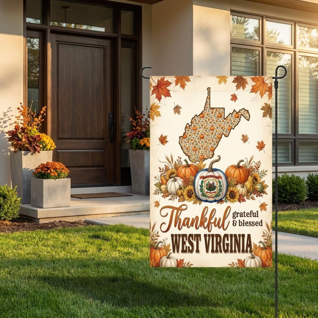 West Virginia Garden Flag, Thankful Grateful Blessed Autumn Pumpkin Yard Sign, Rustic Farmhouse State Pride Outdoor Decor