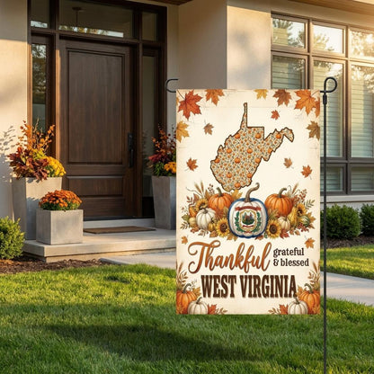 West Virginia Garden Flag, Thankful Grateful Blessed Autumn Pumpkin Yard Sign, Rustic Farmhouse State Pride Outdoor Decor