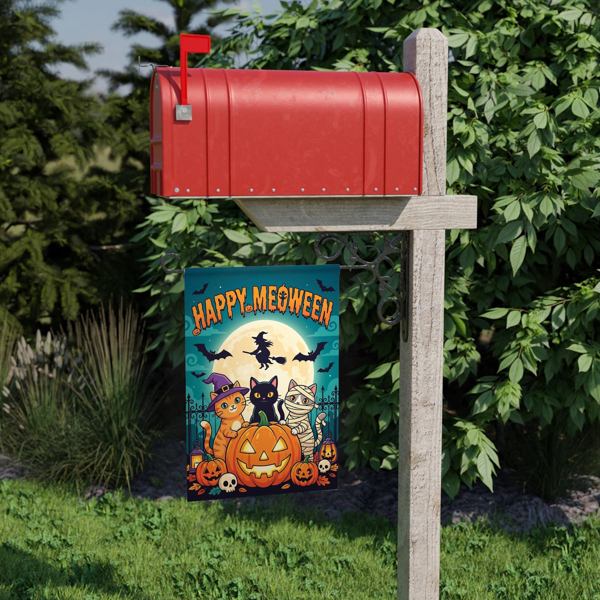 Happy Meoween Garden Flag - Cute Mummy Witch Cats Halloween Yard Banner