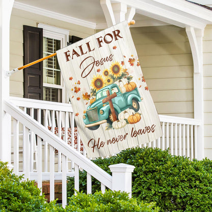 Fall for Jesus He Never Leaves Double-Sided Garden Flag – Pumpkin Farm Truck House Flag, Christian Thanksgiving Fall Yard Decor