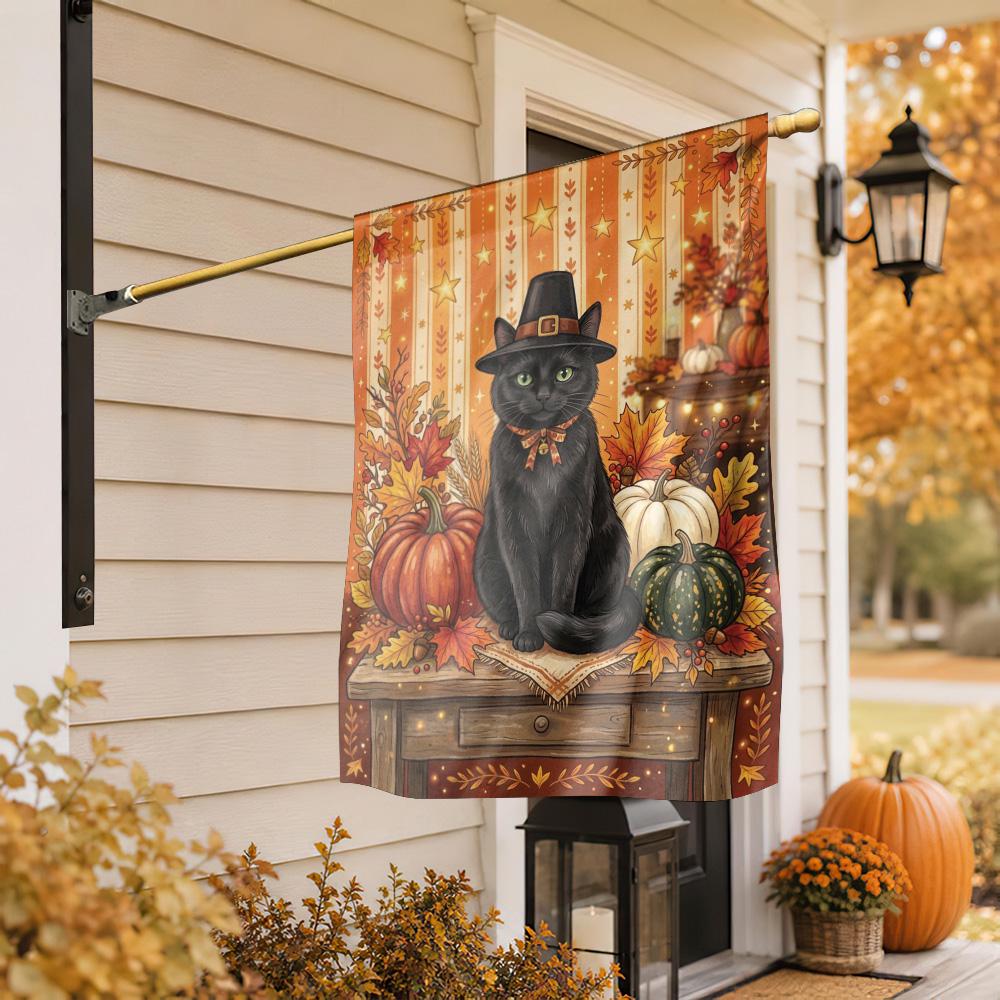 Thanksgiving Black Cat Garden Flag – Pilgrim Hat, Fall Harvest Pumpkins & Autumn Yard Decor, Rustic Witchy Outdoor Porch Banner