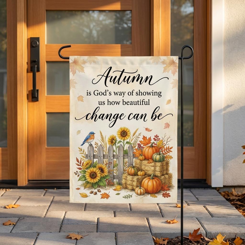 Autumn Is God’s Way of Showing Us How Beautiful Change Can Be Garden Flag – Christian Fall Bird House Banner, Inspirational Autumn Yard Decor