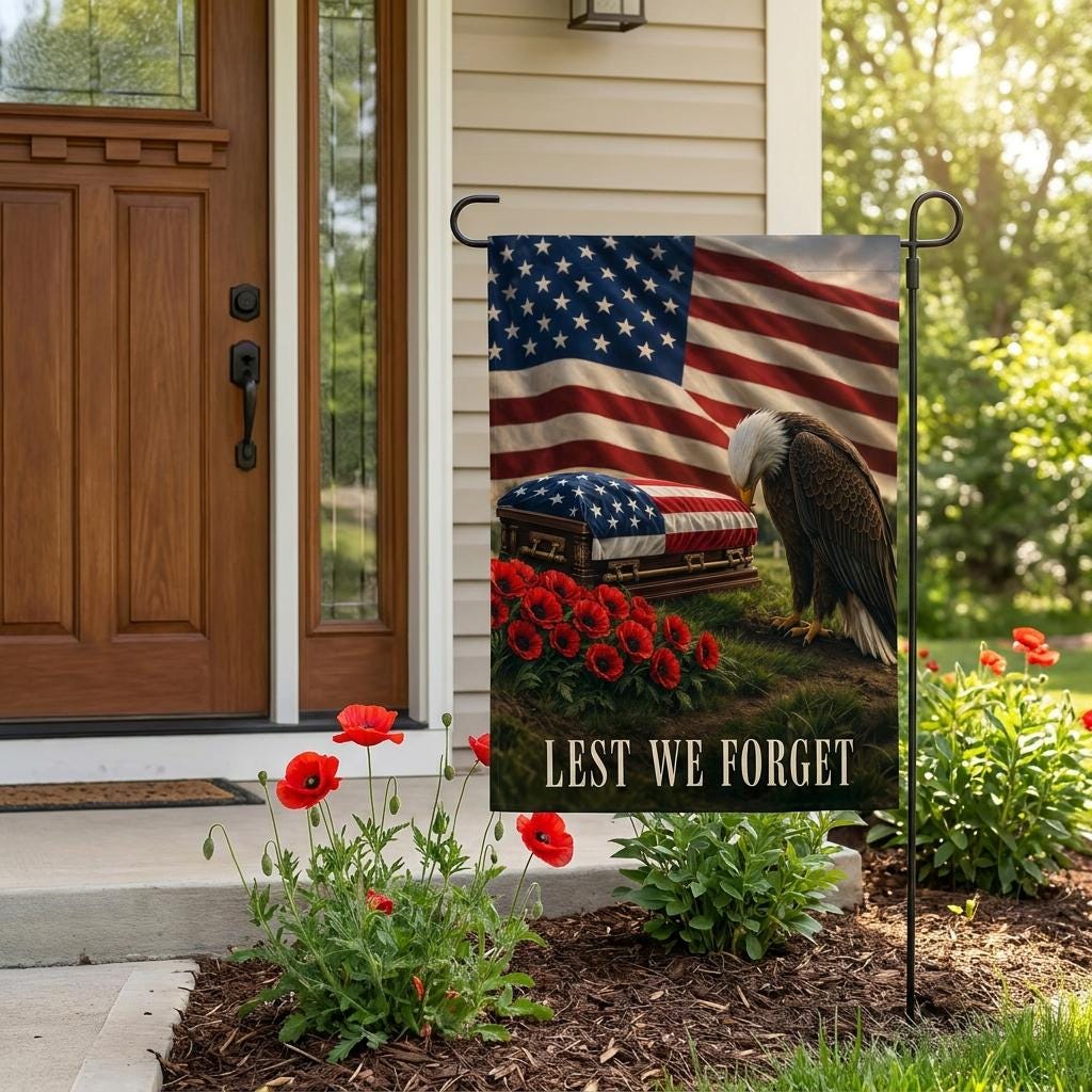 Bald Eagle "Lest We Forget" Memorial Day Garden Flag