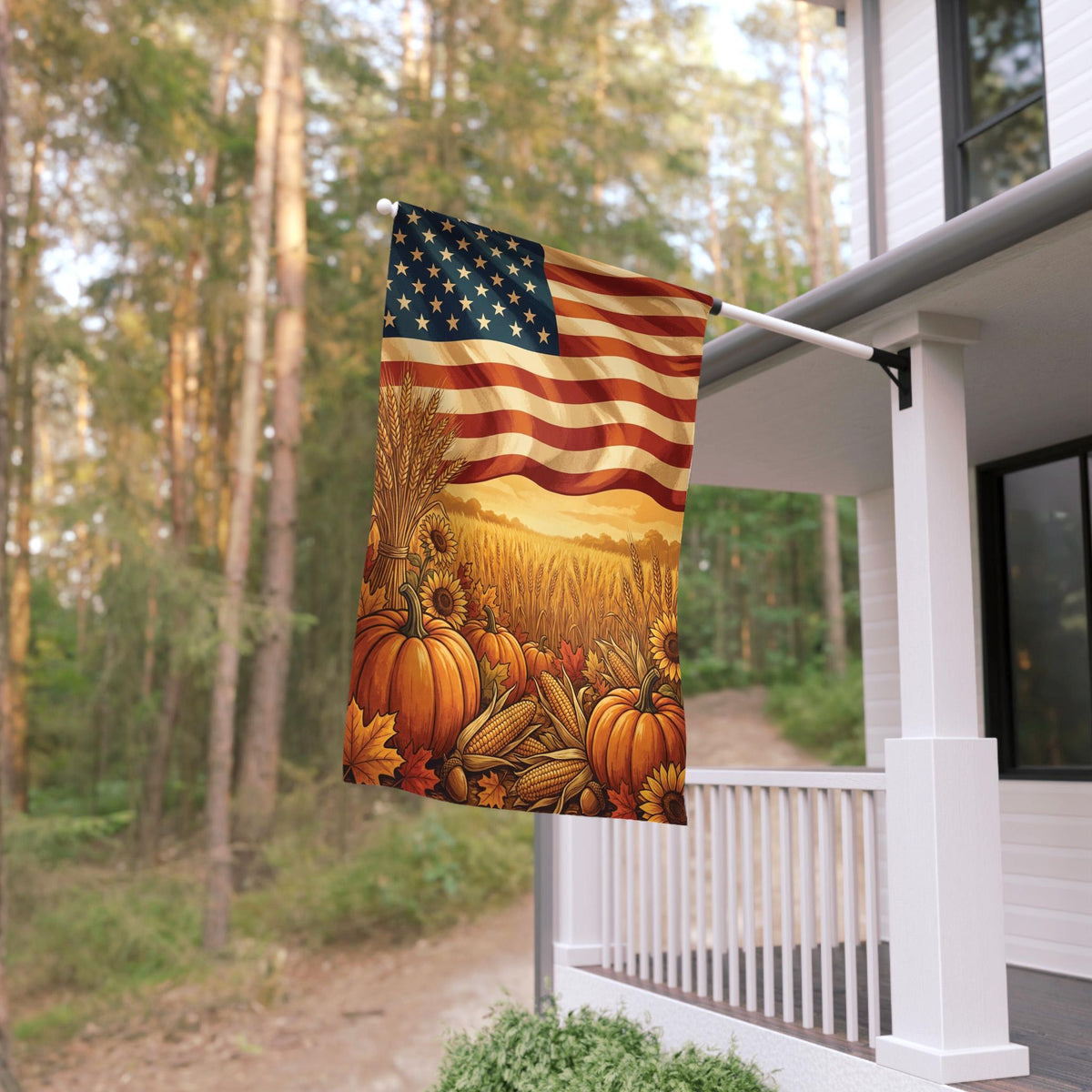 Patriotic Fall Flag: Stars, Stripes & Pumpkin Harvest Decor