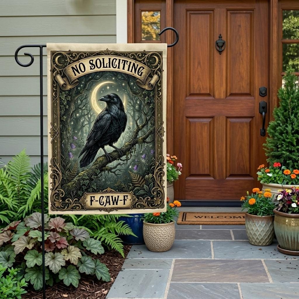 Gothic Raven "No Soliciting" Garden Flag - Funny Yard Decor
