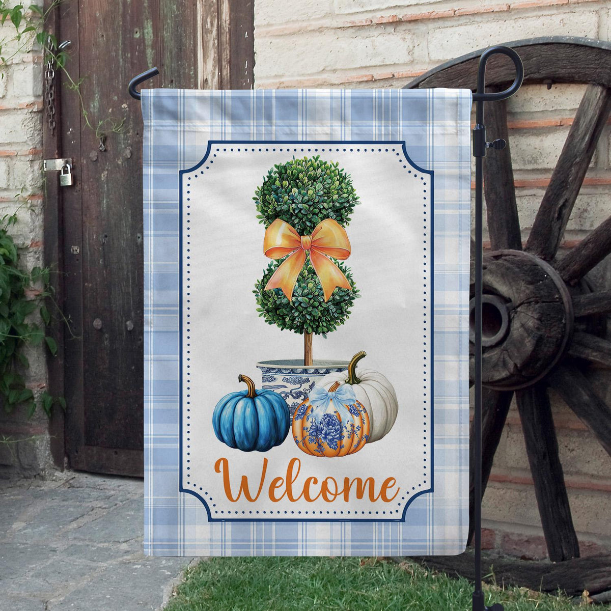 Chinoiserie Topiary Pumpkin Double-Sided Garden Flag – Preppy Blue & White Fall Decor, Grandmillennial Autumn House Flag