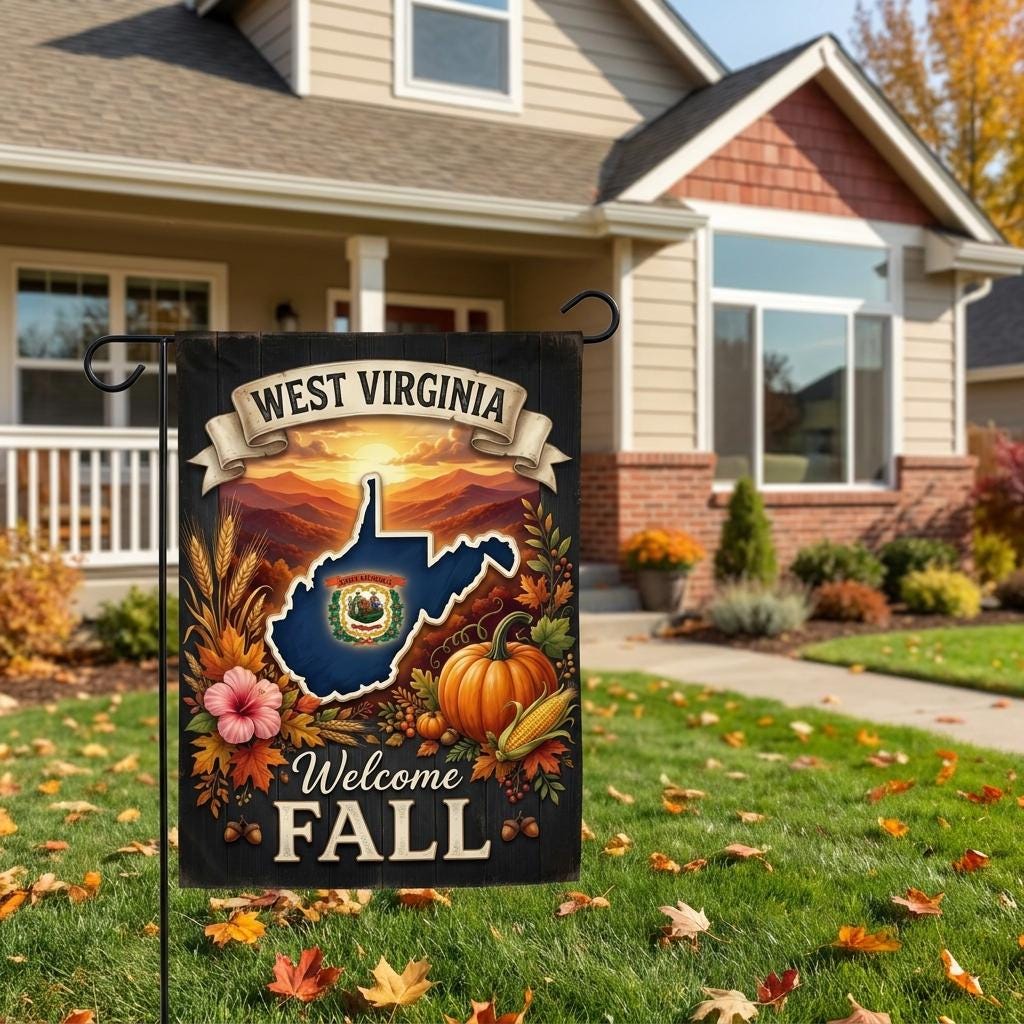 West Virginia Fall Garden Flag, Autumn Mountain Yard Sign, State Pride Pumpkin Decor, Rustic Farmhouse Harvest Outdoor Banner