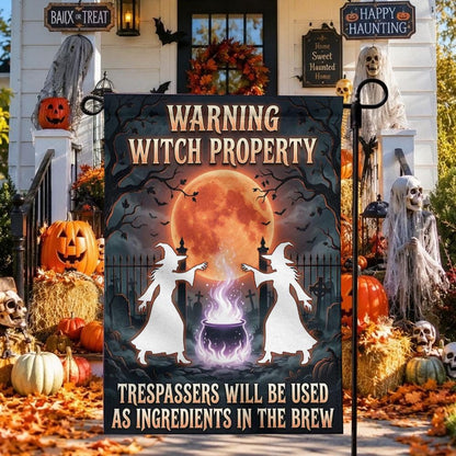 Funny Halloween Yard Decor: Warning Witch Property Garden Flag