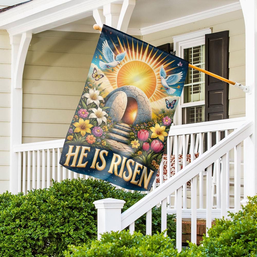 "He Is Risen" Empty Tomb Garden Flag - Christian Easter Decor