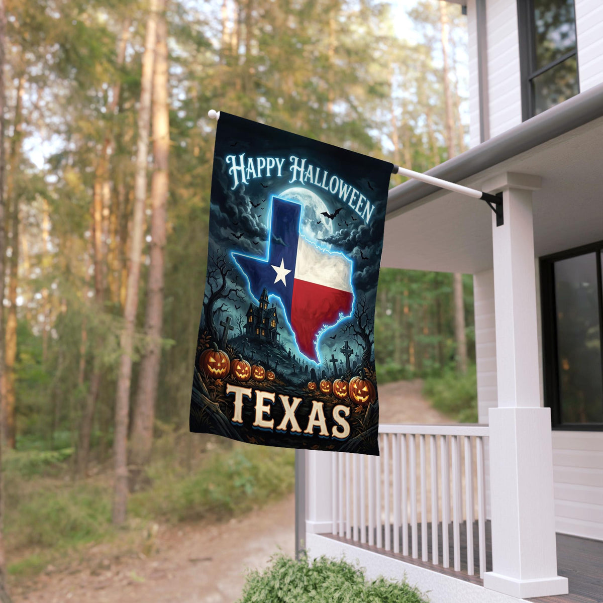 Texas Happy Halloween Garden Flag – Spooky Haunted House & Pumpkin Yard Decor, Neon Texas Fall Porch Outdoor Banner