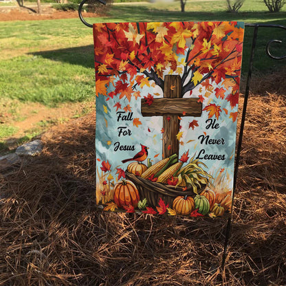 Fall for Jesus He Never Leaves Double-Sided Garden Flag – Pumpkin & Red Cardinals Fall House Flag, Christian Thanksgiving Yard Decor