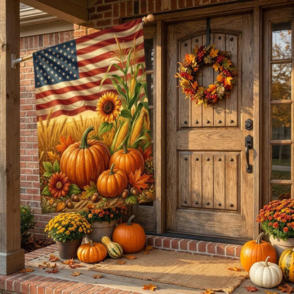 American Fall Harvest Garden Flag – Patriotic Autumn Rustic Corn, Pumpkins & Sunflowers Outdoor Yard Banner