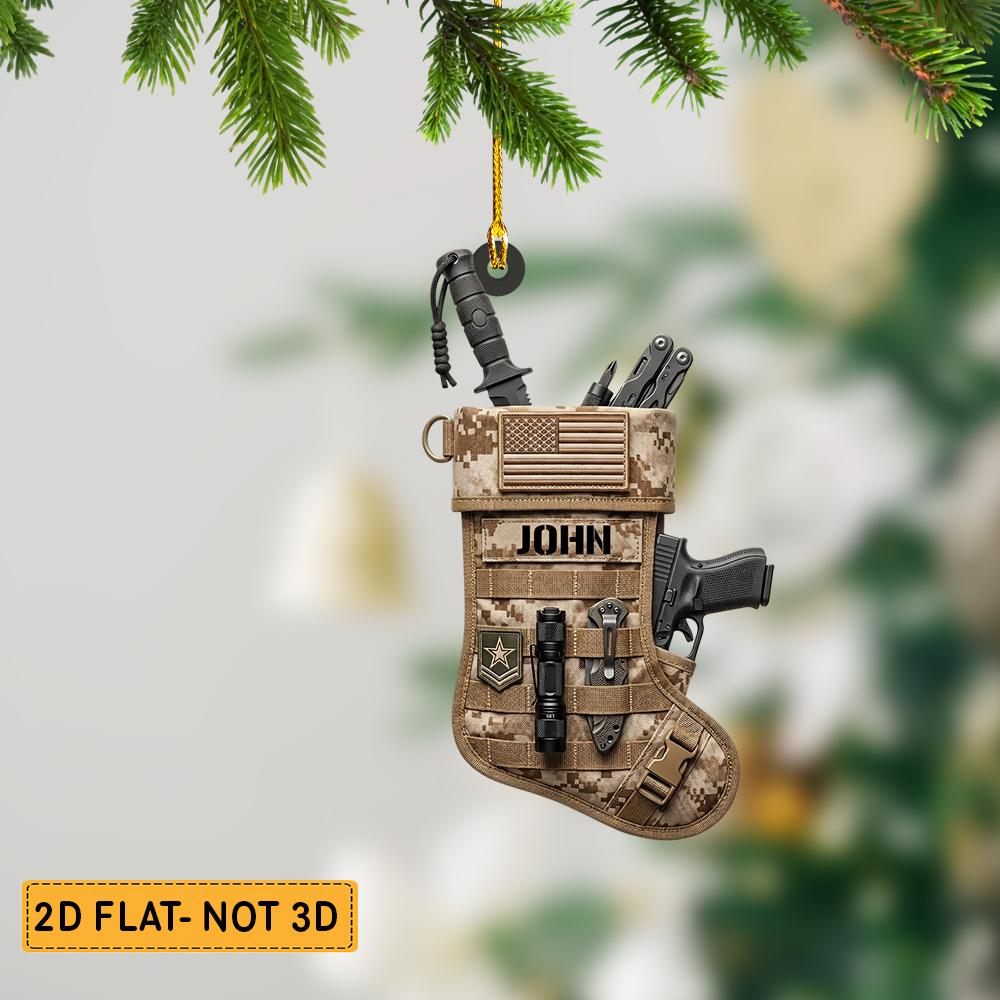 Personalized Tactical Camo Stocking Ornament – Custom Military Gear Christmas Tree Decor, Car Rearview Mirror Charm, Veteran Gift