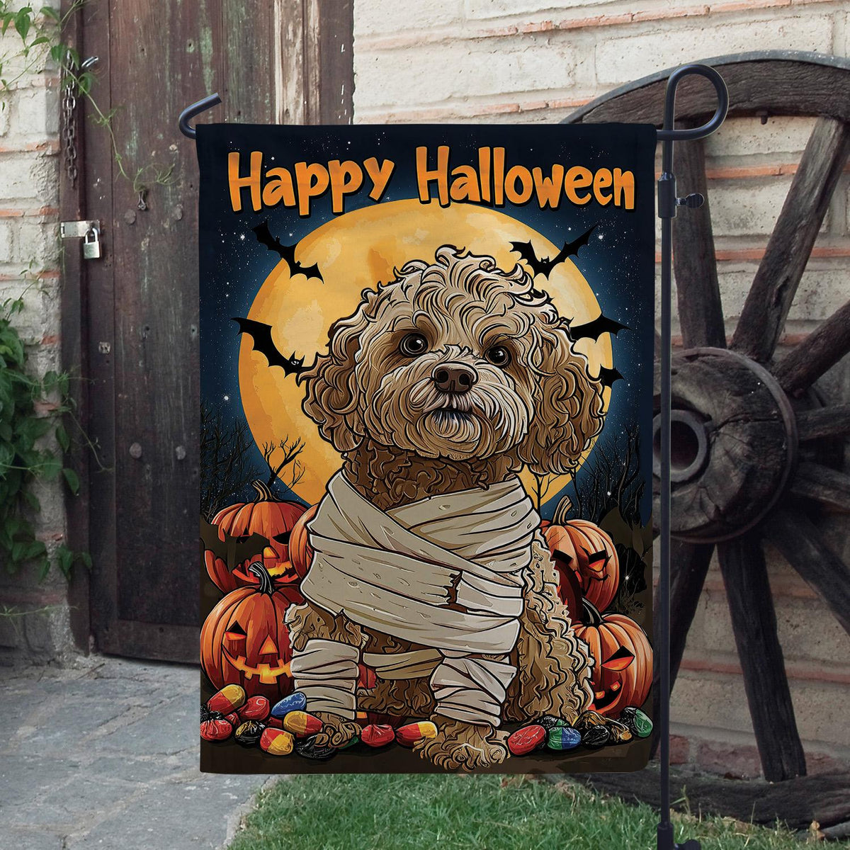 Happy Halloween Mummy Dog Garden Flag — Cute Cockapoo Fall Porch Decor