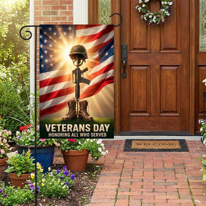 Veterans Day Garden Flag: Battlefield Cross Patriotic Yard Decor