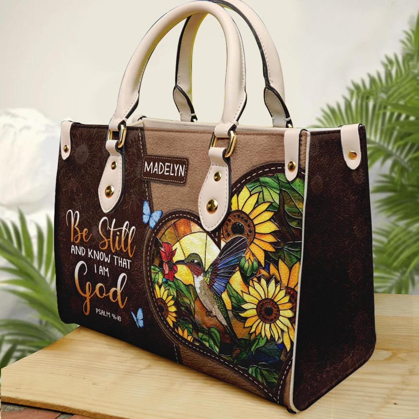 Be Still And Know That I am God Hummingbird and Sunflower Leather Bible Handbag ID-0321-LDFP