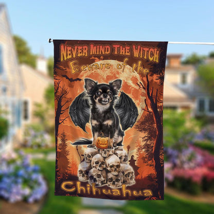 Never Mind the Witch Beware of the Chihuahua Double-Sided Garden Flag – Funny Halloween Dog Yard Decor, Spooky Fall House Banner