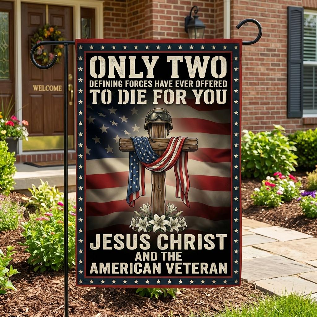 Jesus Christ and American Veteran Garden Flag - Patriotic Christian Decor