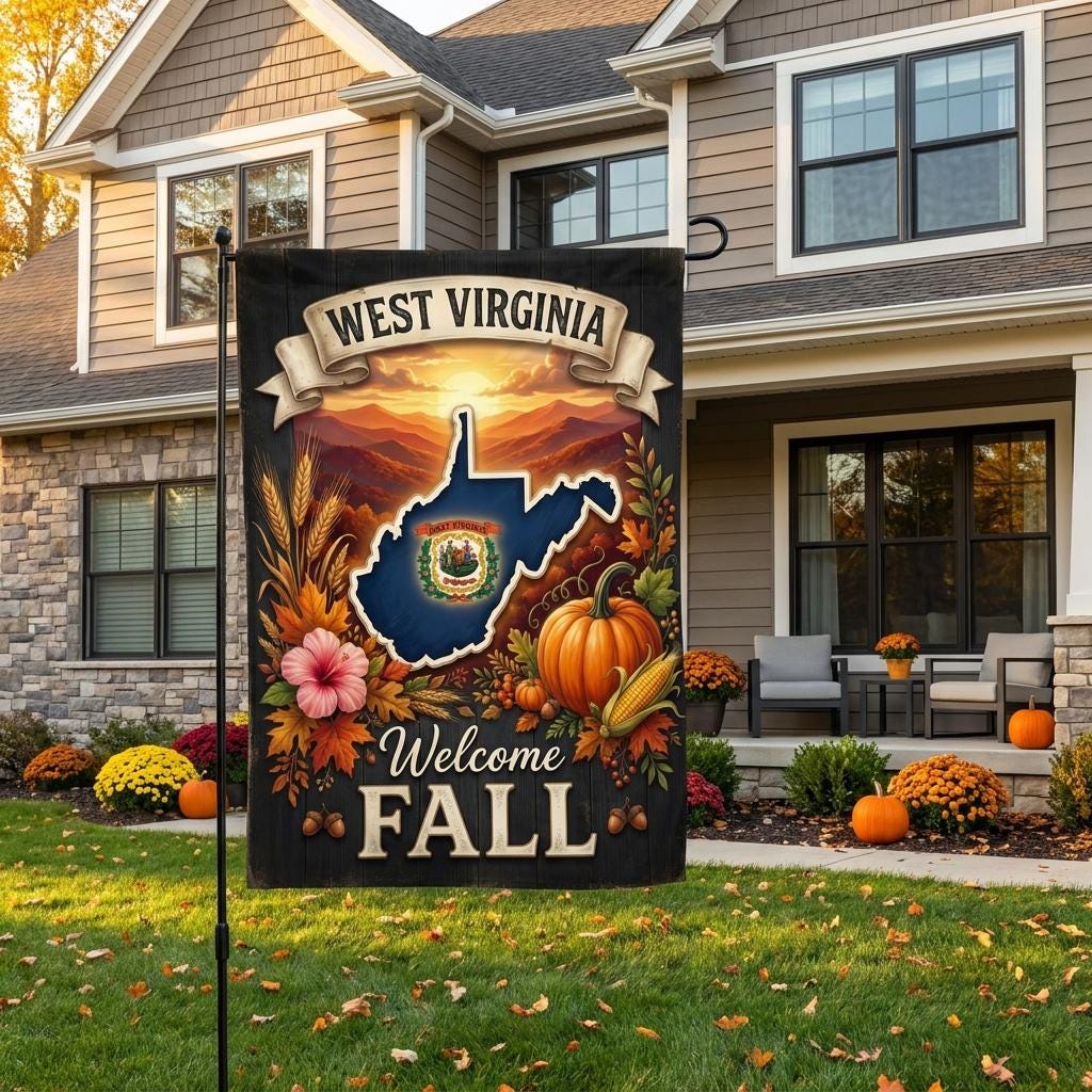 West Virginia Fall Garden Flag, Autumn Mountain Yard Sign, State Pride Pumpkin Decor, Rustic Farmhouse Harvest Outdoor Banner