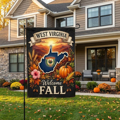 West Virginia Fall Garden Flag, Autumn Mountain Yard Sign, State Pride Pumpkin Decor, Rustic Farmhouse Harvest Outdoor Banner
