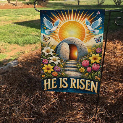"He Is Risen" Empty Tomb Garden Flag - Christian Easter Decor