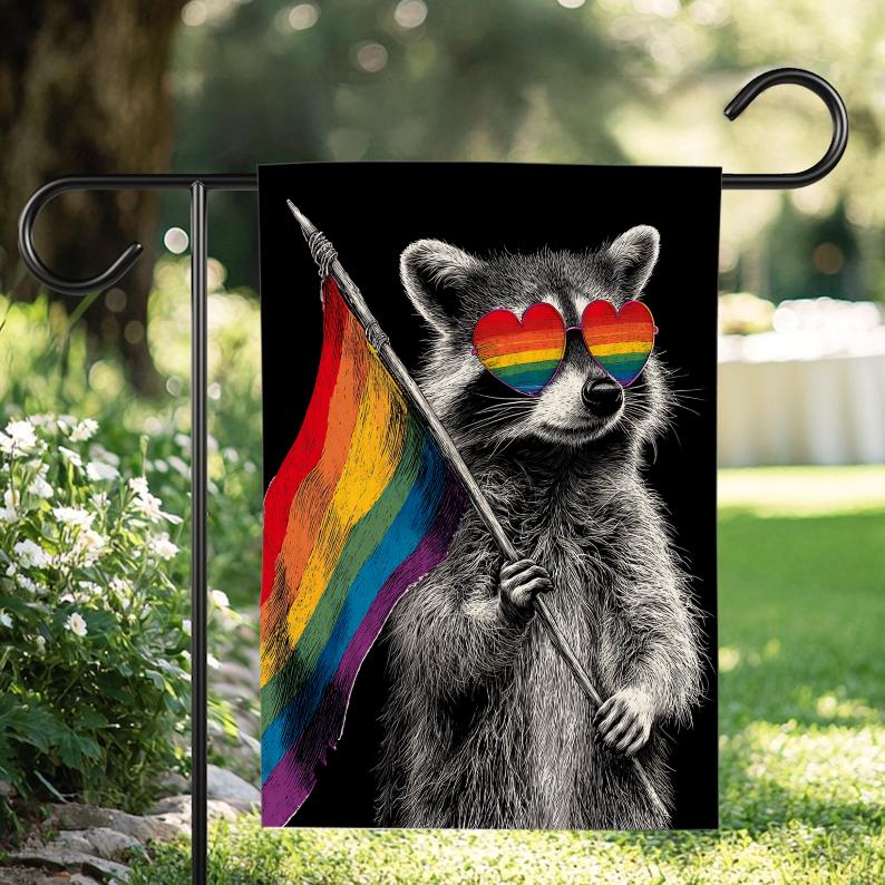 Raccoon LGBTQ Pride Garden Flag: Cute Rainbow Yard Art
