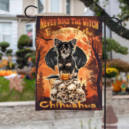 Never Mind the Witch Beware of the Chihuahua Double-Sided Garden Flag – Funny Halloween Dog Yard Decor, Spooky Fall House Banner