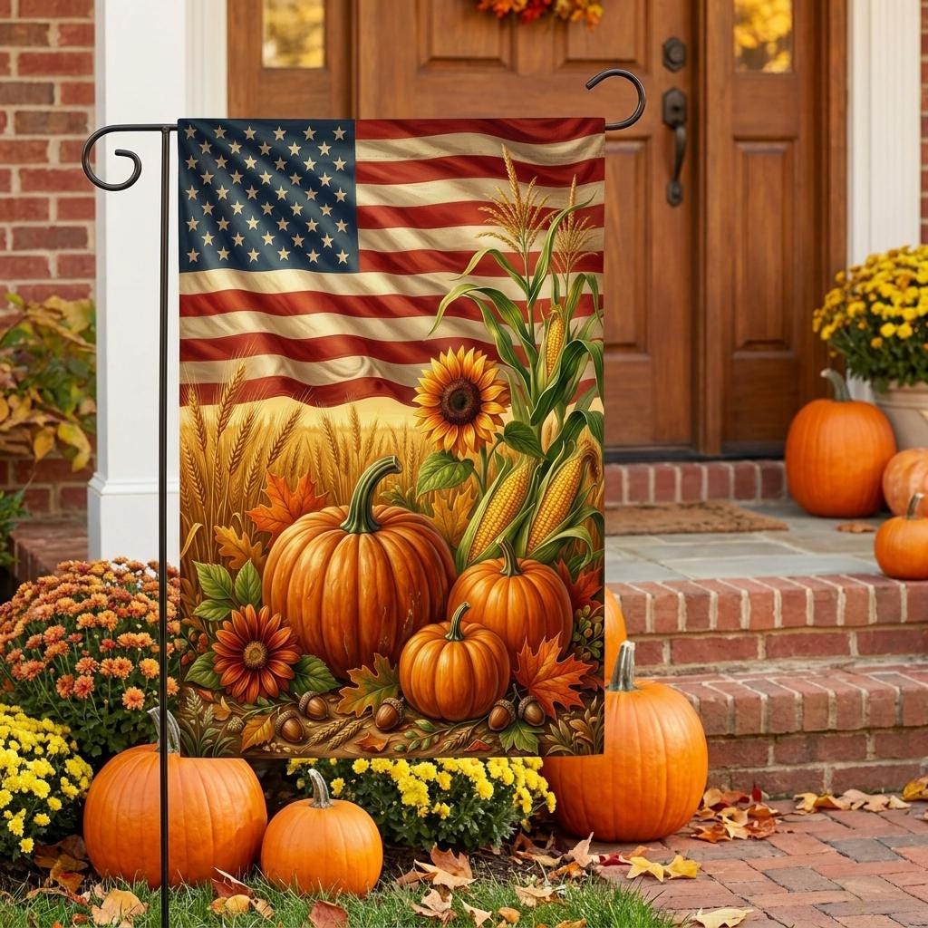 American Fall Harvest Garden Flag – Patriotic Autumn Rustic Corn, Pumpkins & Sunflowers Outdoor Yard Banner