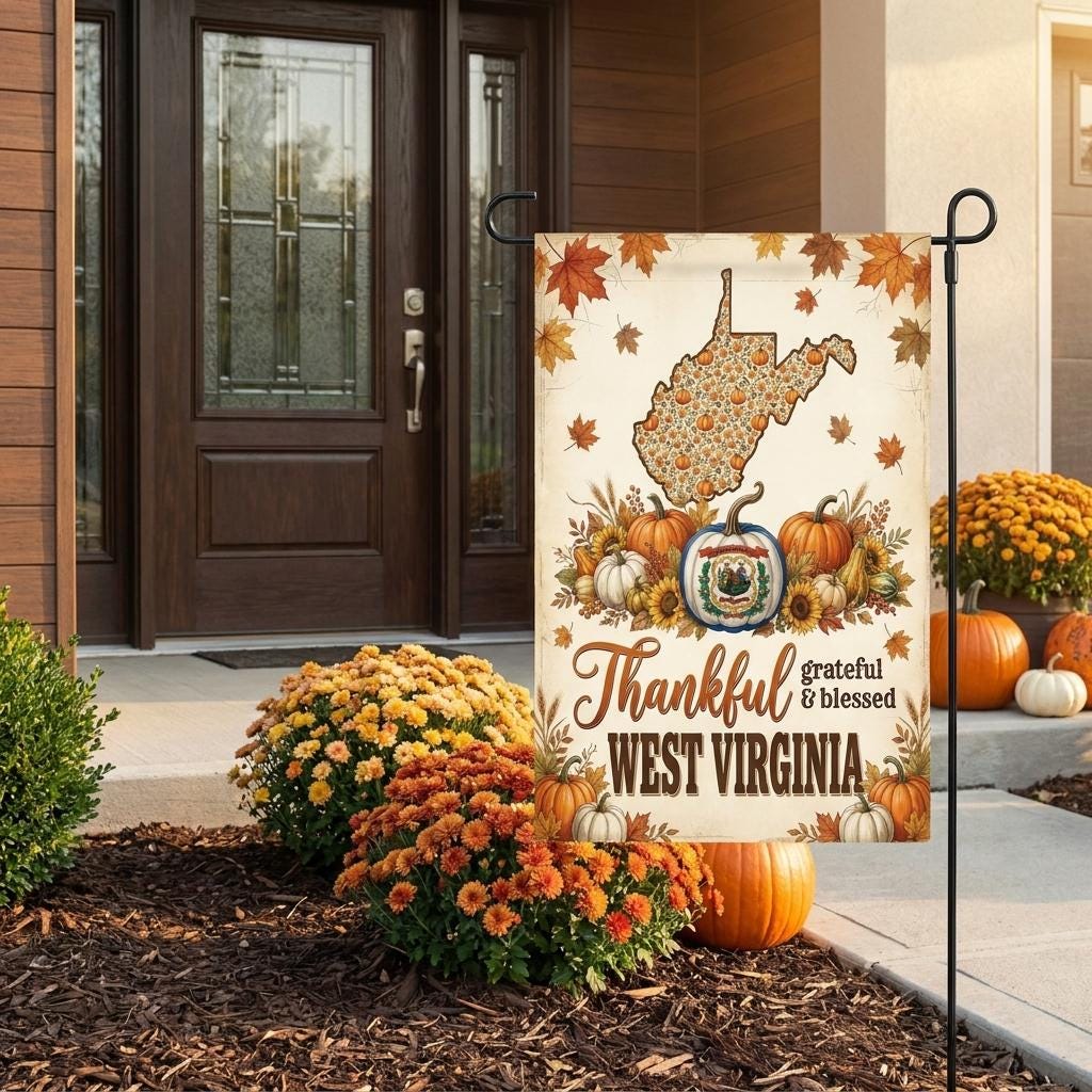 West Virginia Garden Flag, Thankful Grateful Blessed Autumn Pumpkin Yard Sign, Rustic Farmhouse State Pride Outdoor Decor