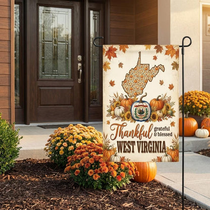 West Virginia Garden Flag, Thankful Grateful Blessed Autumn Pumpkin Yard Sign, Rustic Farmhouse State Pride Outdoor Decor