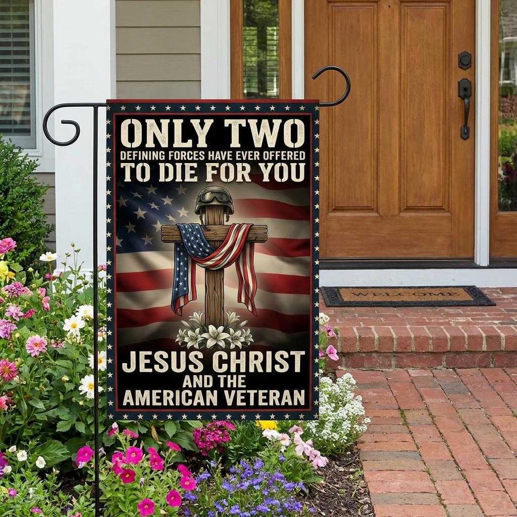 Jesus Christ and American Veteran Garden Flag - Patriotic Christian Decor
