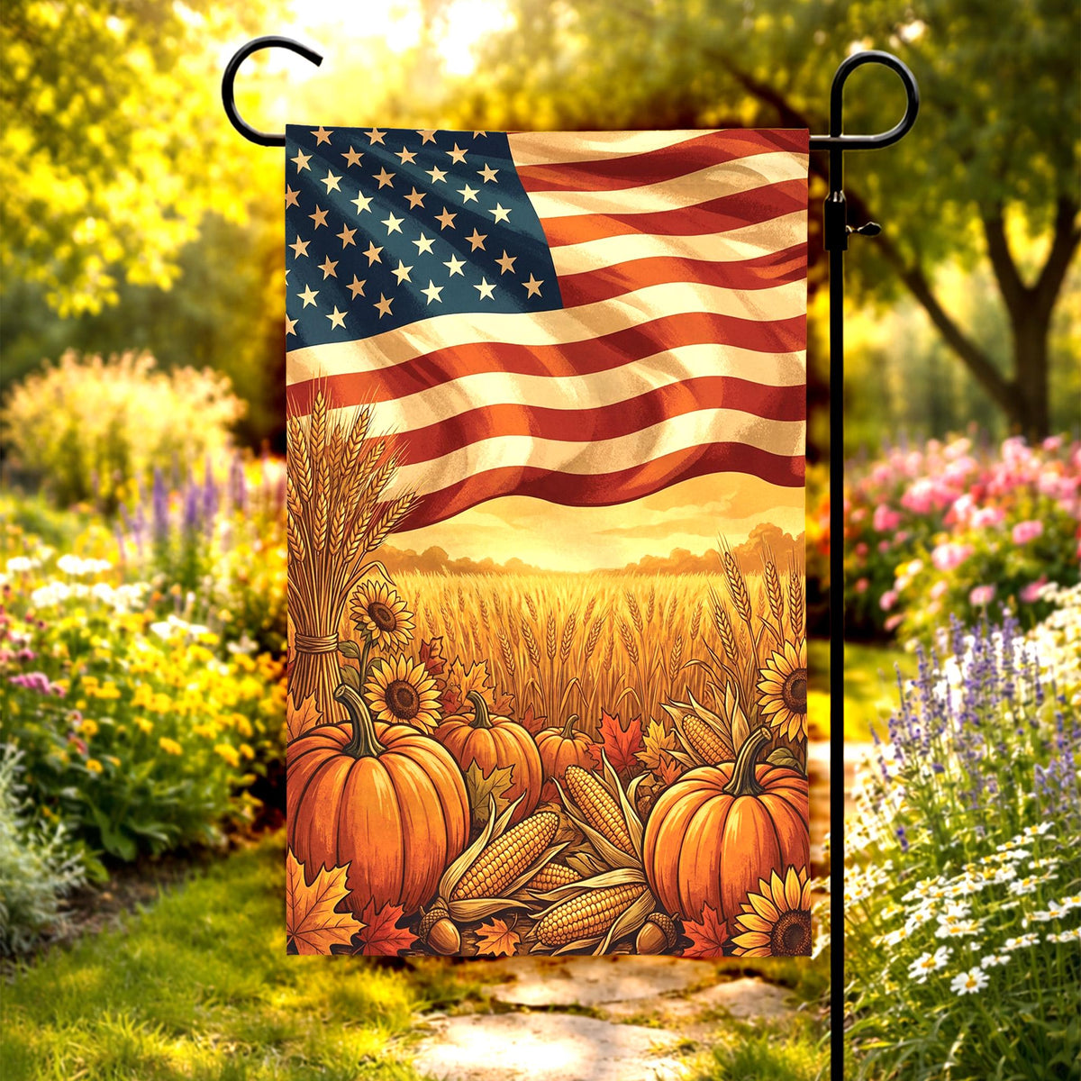 Patriotic Fall Flag: Stars, Stripes & Pumpkin Harvest Decor