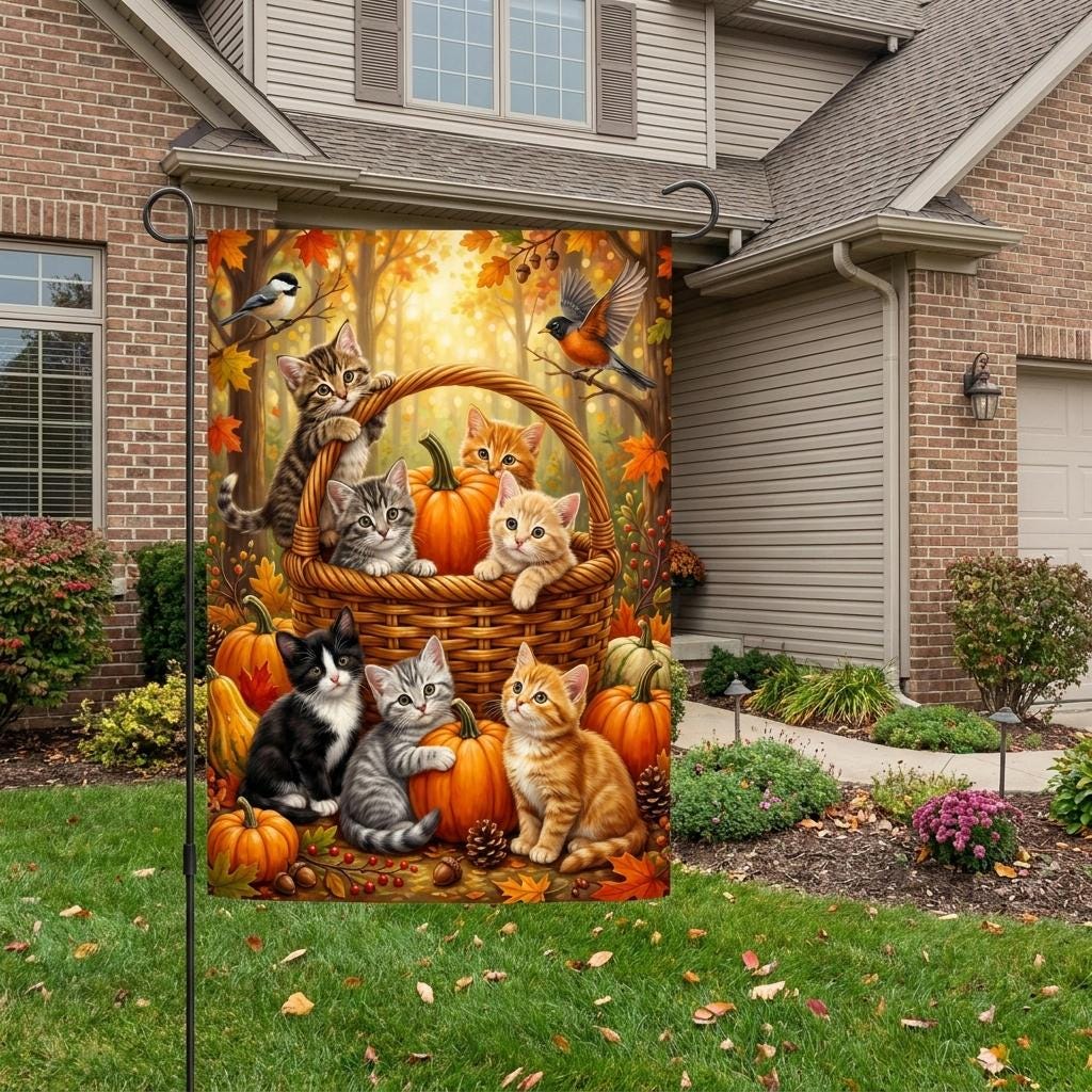 Kittens in Pumpkin Basket Fall Garden Flag – Cute Cats Autumn Yard Decor, Forest Birds Seasonal Outdoor Banner, Pet Lover Gift